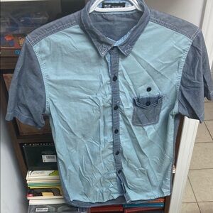 Korean Style Men's Blue and Gray Button-Up Short Sleeve Shirt